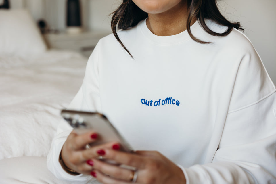 Corporate Natalie Out of Office Crewneck in Supermoon and Cove